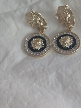 Almost Famous Gold Lion Medallion Drop Earrings with Black and Clear Accents